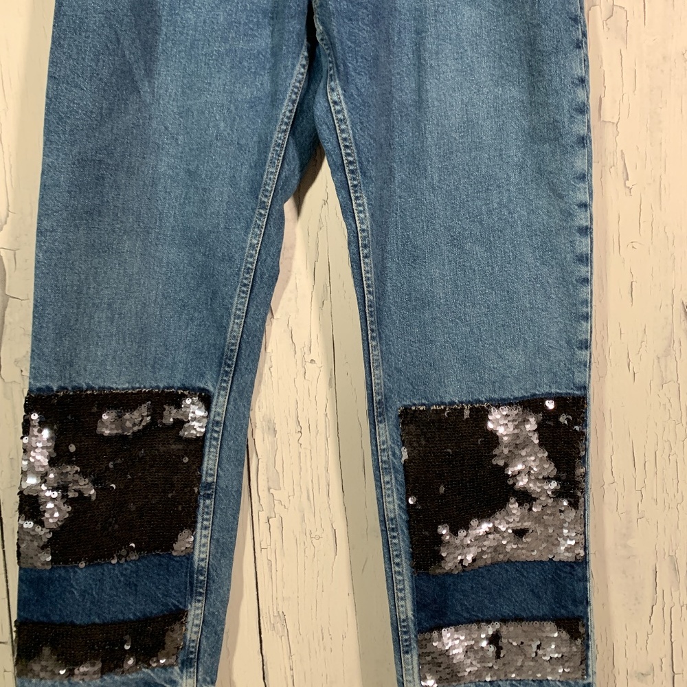 Zara Blue Medium Wash Sequins Bottom Straight Cropped Jeans Sz 8 EUC - Picture 4 of 14
